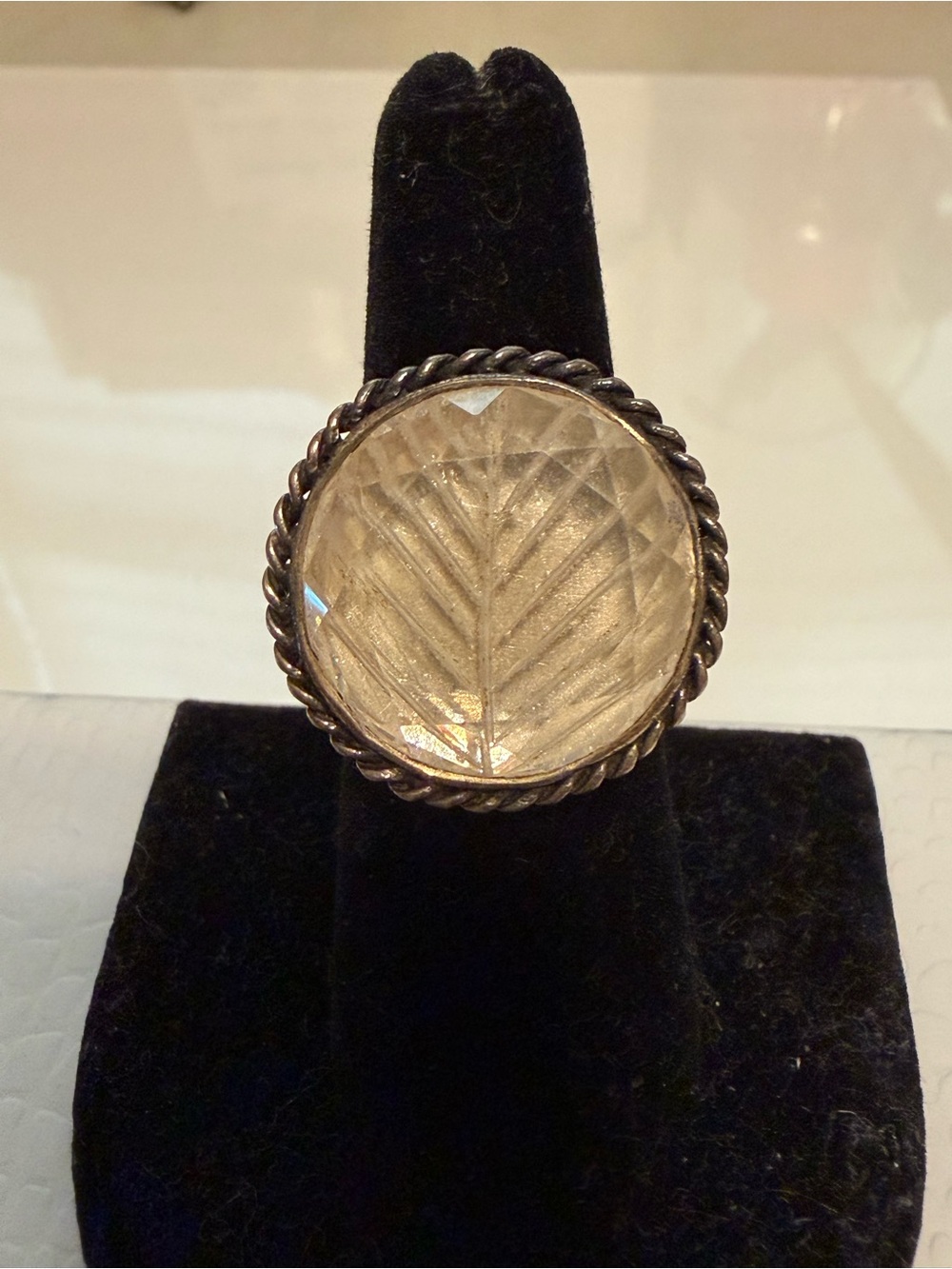 Vintage KumKum of Sweden sterling ring with reverse carved clear quartz